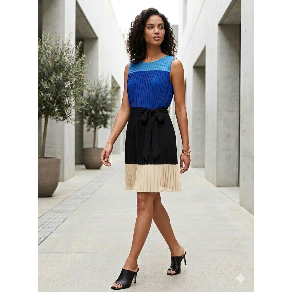 Calvin Klein Colorblock Pleated Knee Length Dress 6 Work Wedding Guest‎ Office